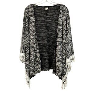 In Style Womens Open Front Black/Ivory Marled Kimono Cardigan Crochet Trim S/M